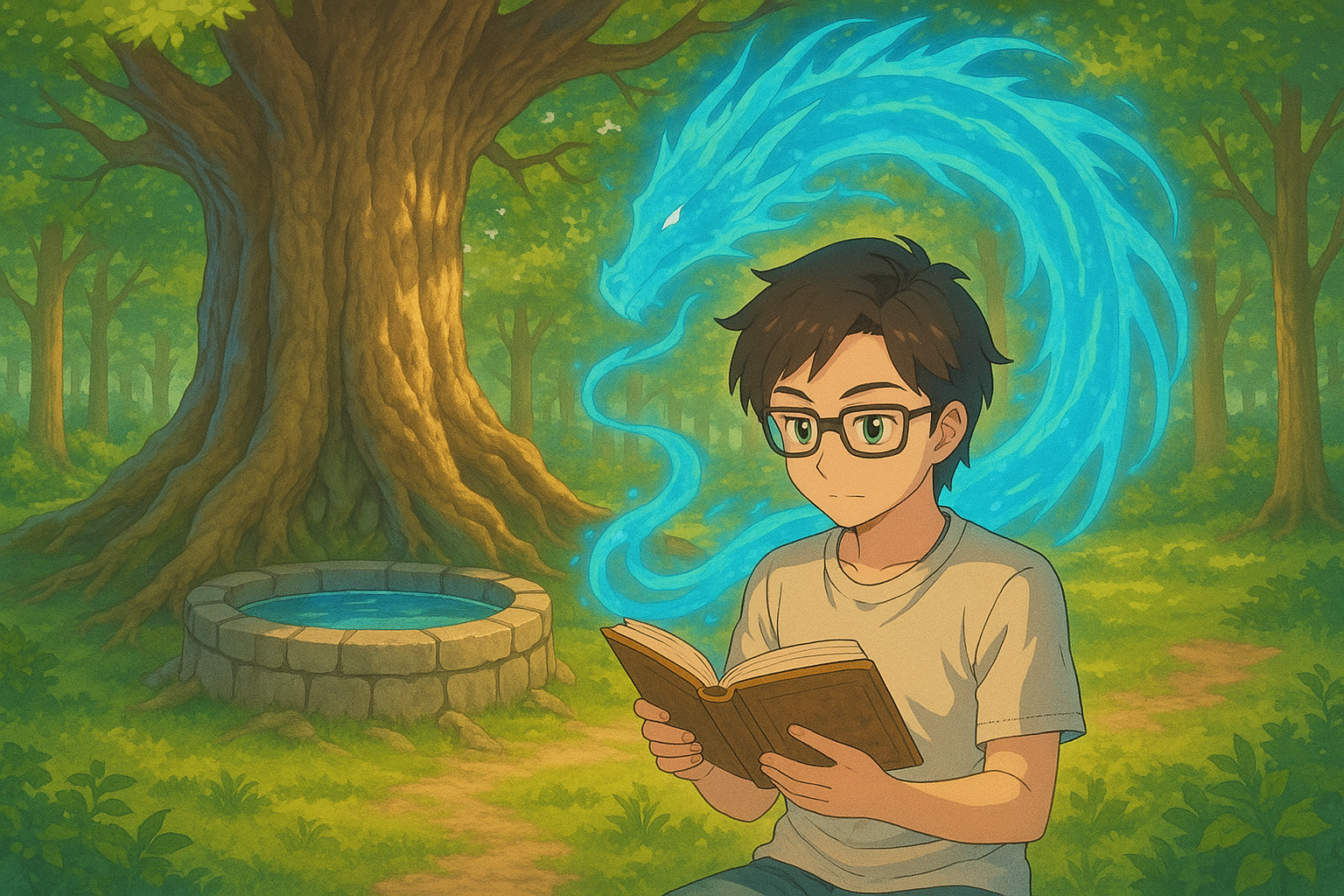 Lukas unter Yggdrasil beim Brunnen der Weisheit, GPT generiert