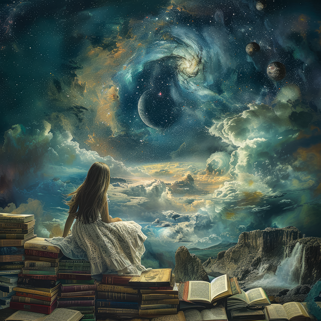 Woman sitting on some books