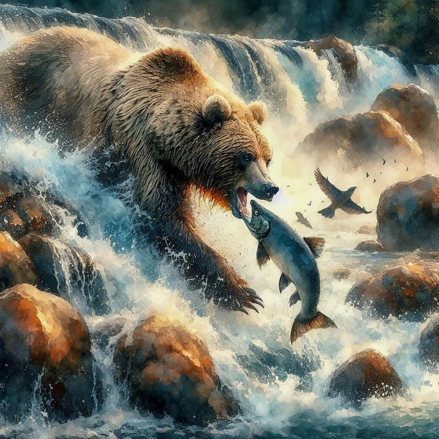 Ein Bär, der einen Lachs fängt