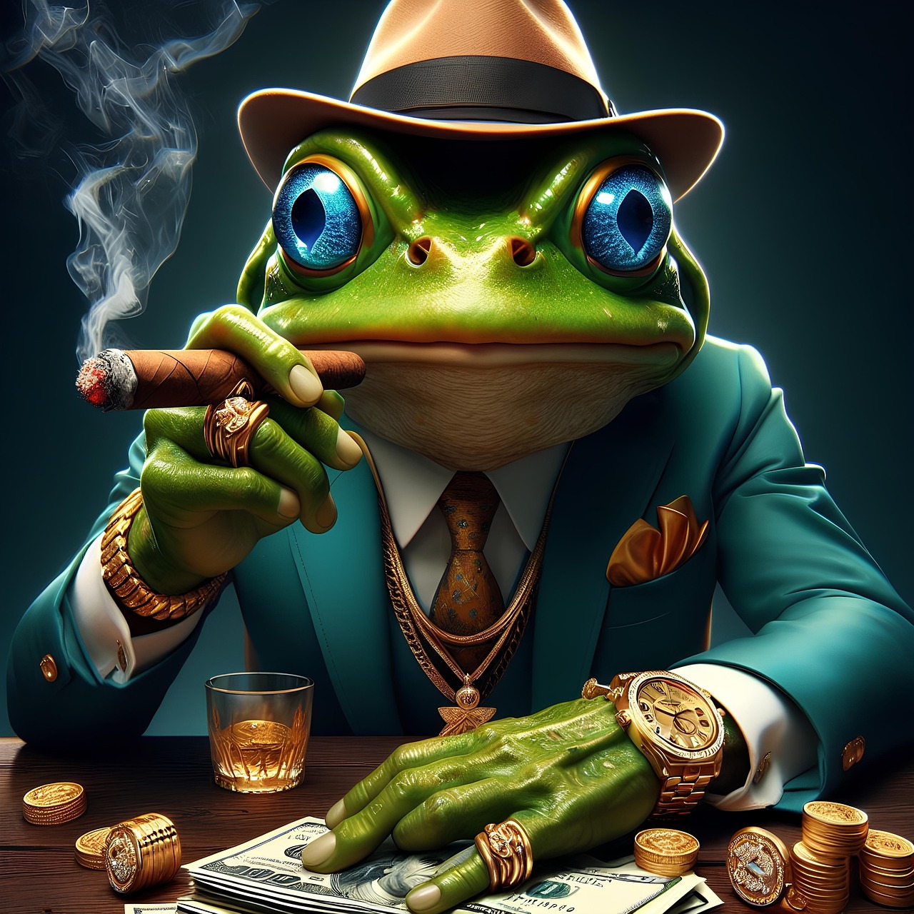 Ein Froschmensch mit viel Geld, der raucht