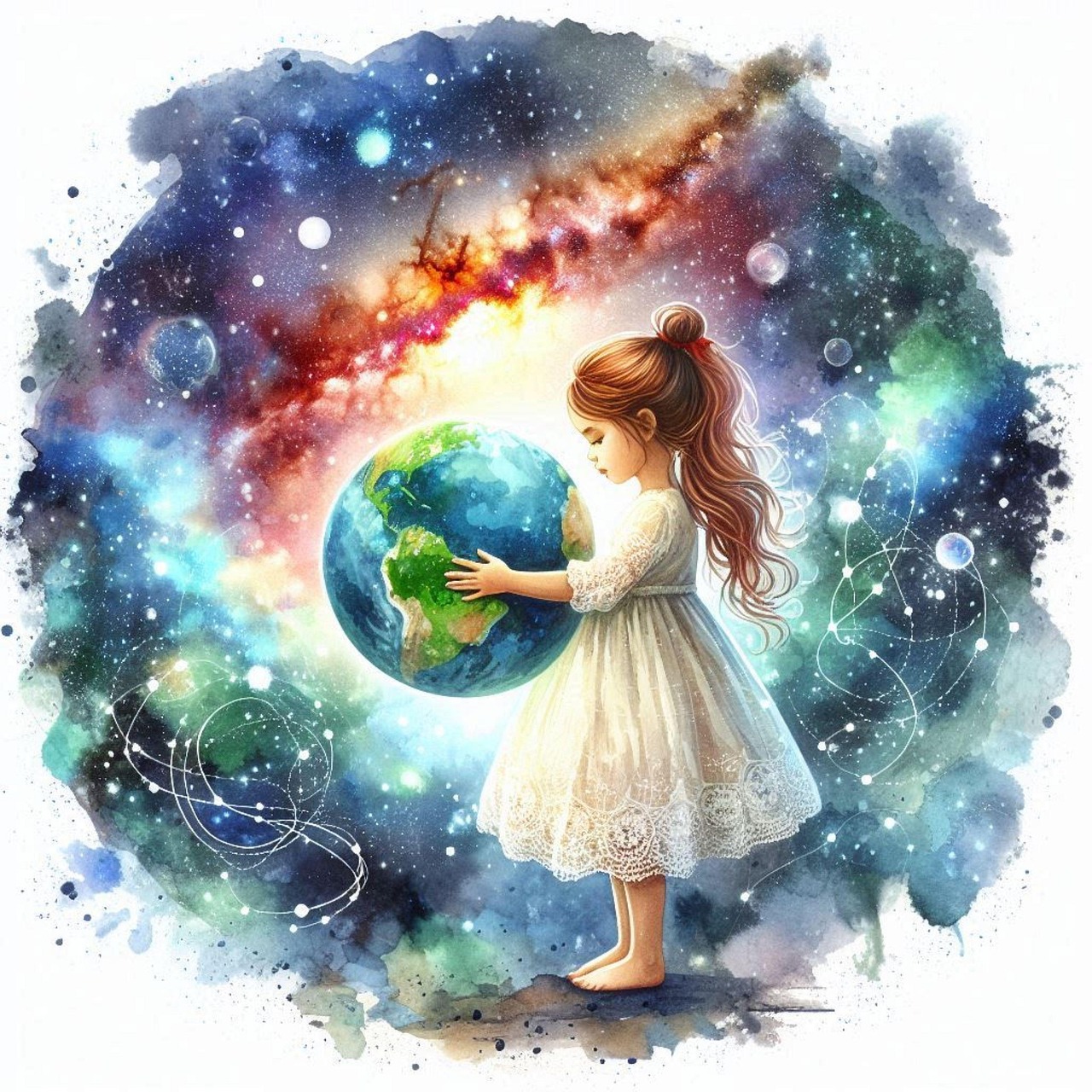 Ein Kind, das den Planeten Erde umarmt