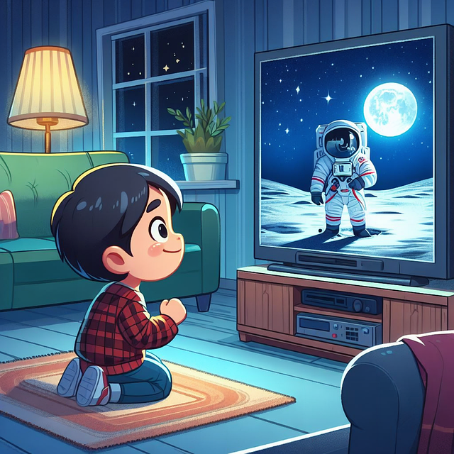Ein Kind, dass einen Menschen auf dem Mond im Fernseher sieht