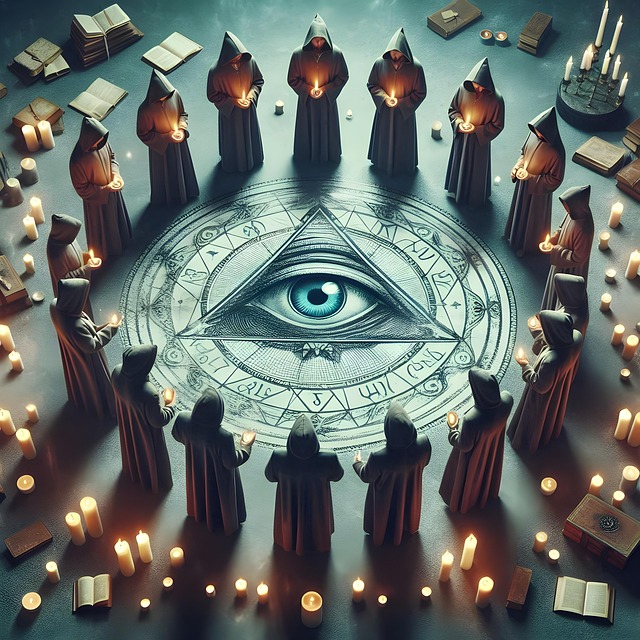 Einige Männer mit Kaputzen, die einen Kreis um ein illuminati Symbol bilden