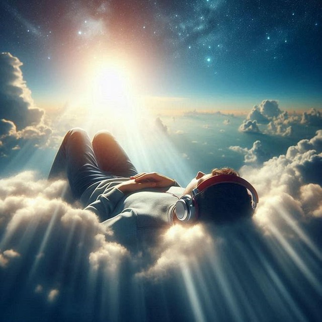 Ein Mann, der Musik hört und auf einer Wolke schläft