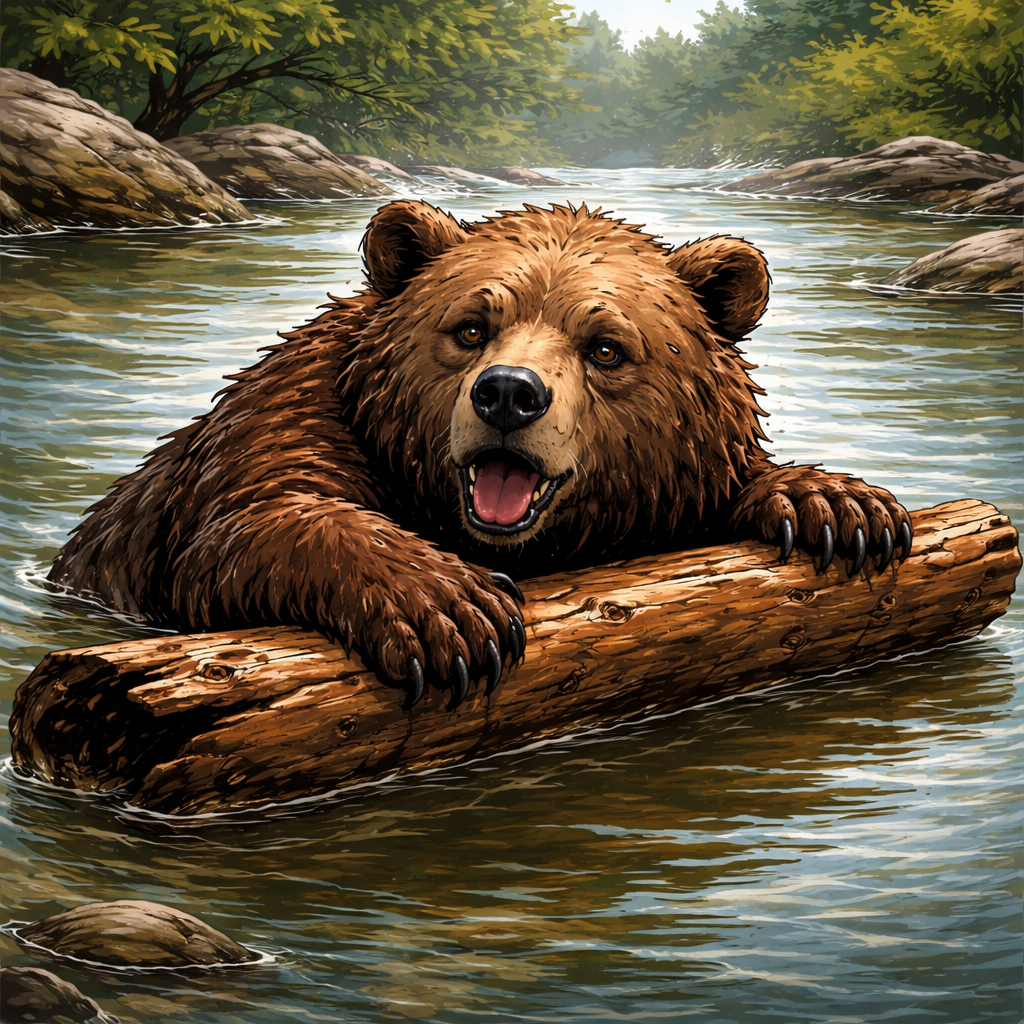 Ein Bär in einem Fluss, der sich auf einem Stück Treibholz festhält