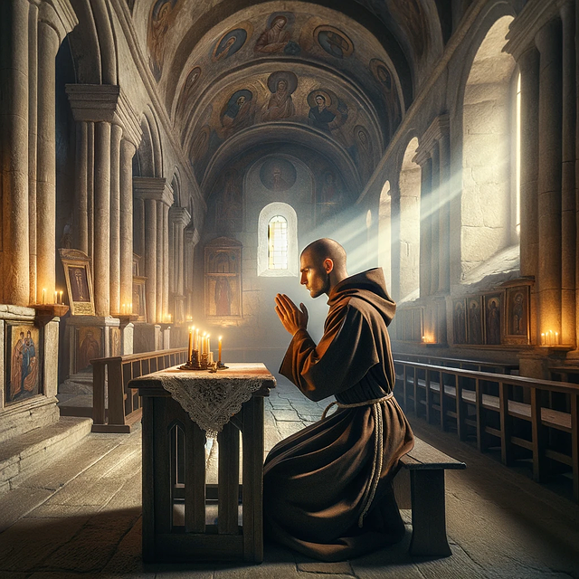 Ein Mönch in einer Kirche, der betet