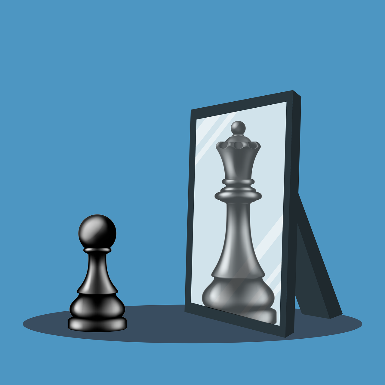 Ein Schachspiel Bauer, der in seinem Spiegelbild eine Dame sieht