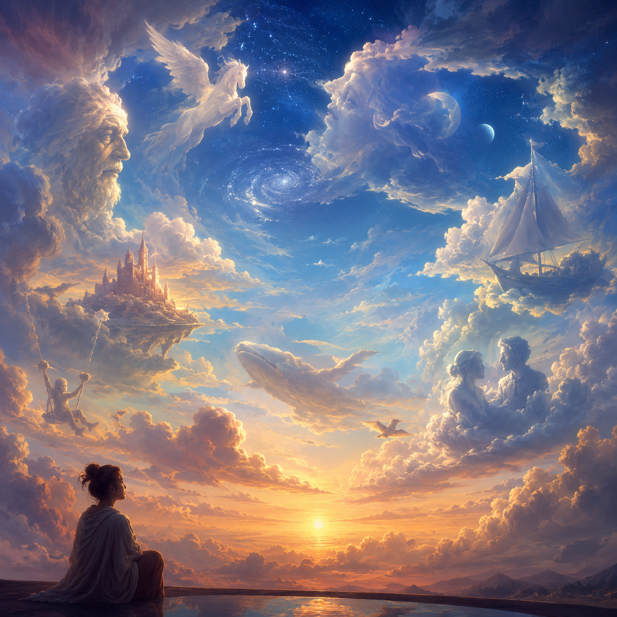 Eine Frau, die in den Wolken verschiedene Bilder erkennt